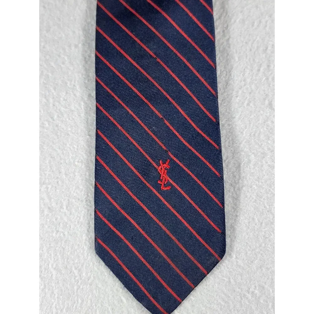Vintage Yves Saint Laurent Navy Red Striped Tie YSL Logo